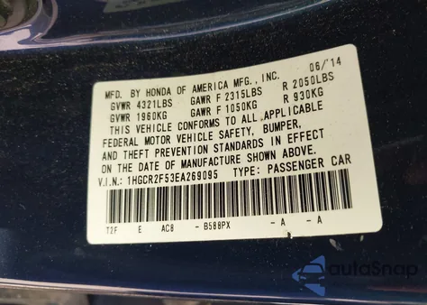 2014 Honda Accord Sport z USA, uszkodzony, nr VIN 1HGCR2F53EA269095